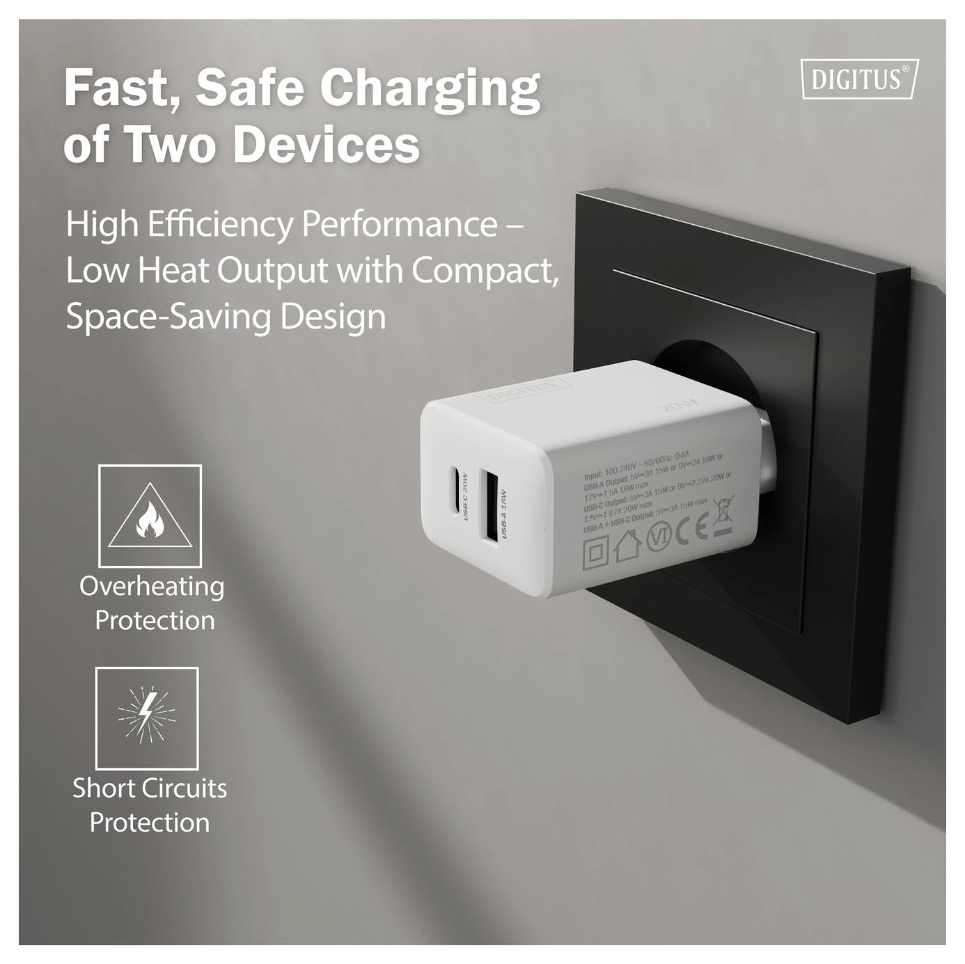 Зарядний пристрій Digitus DA-10300 20 Вт USB 1x USB-A, 1x USB-C® Білий