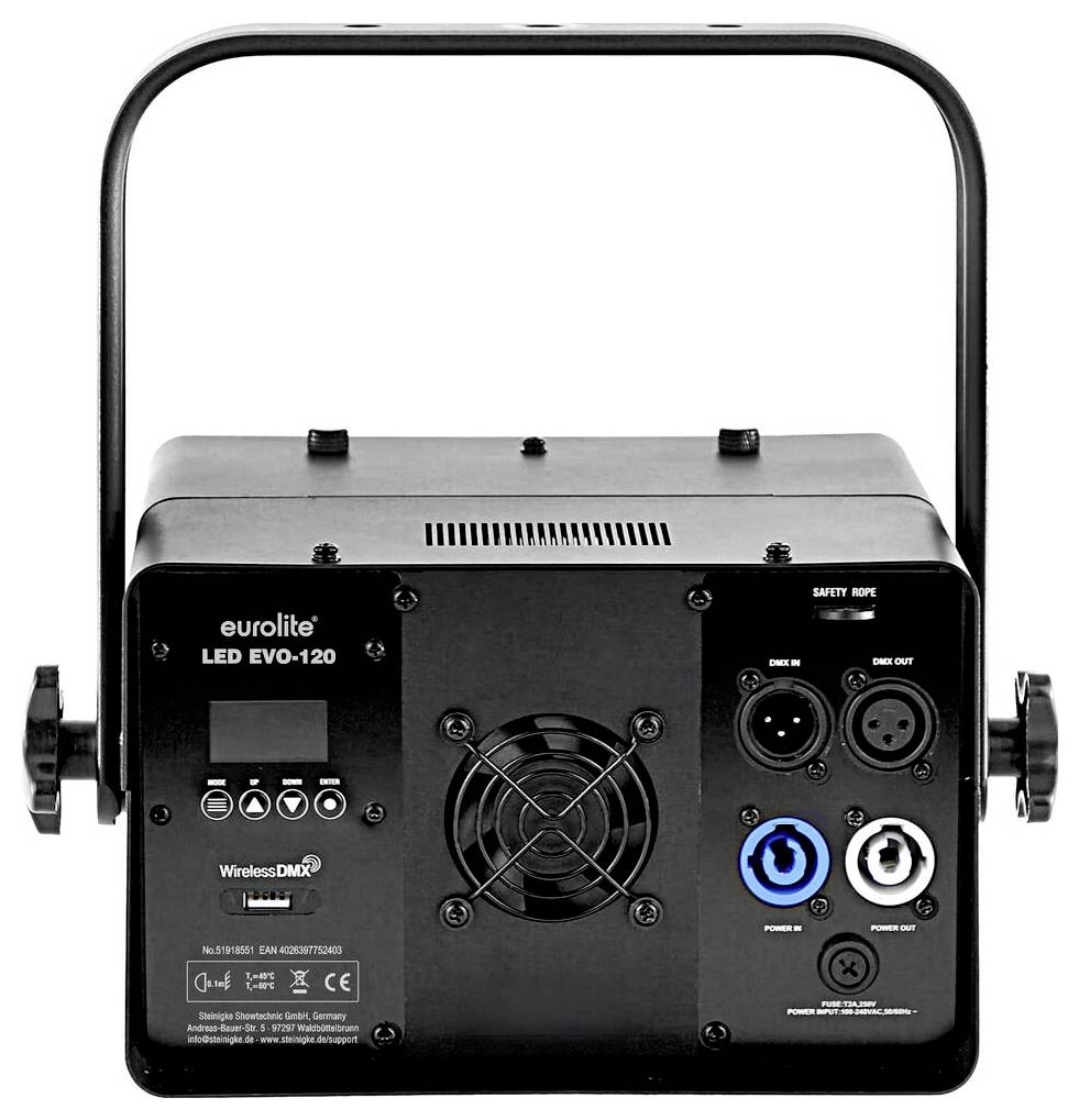 Urządzenie oświetleniowe sceny 'Eurolite LED EVO-120' z różnymi elementami sterującymi i złączami, w tym portami DMX i wejściami zasilania.