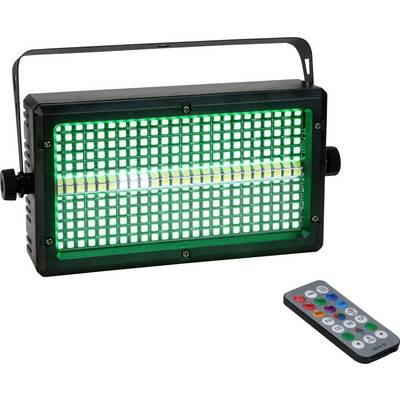 'Czarna lampa sceniczna LED z wzorem siatki emituje zielone światło, wraz z pilotem zdalnego sterowania z kolorowymi przyciskami.'