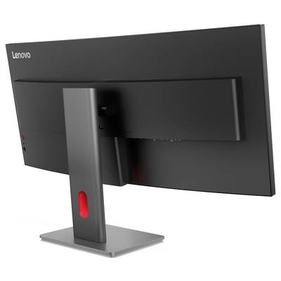 Nowoczesny monitor komputerowy Lenovo ze stylowym designem i regulowanym stojakiem, widziany z tyłu, ukazujący jego minimalistyczną estetykę.