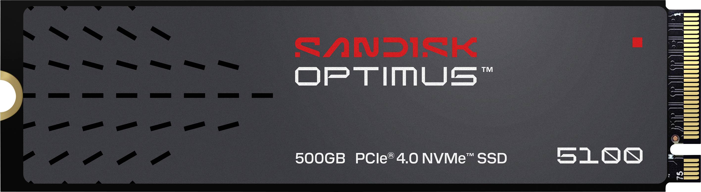 „SANDISK OPTIMUS 500GB PCIe 4.0 NVMe SSD 5100" z czarną obudową i złotym złączem po lewej stronie.