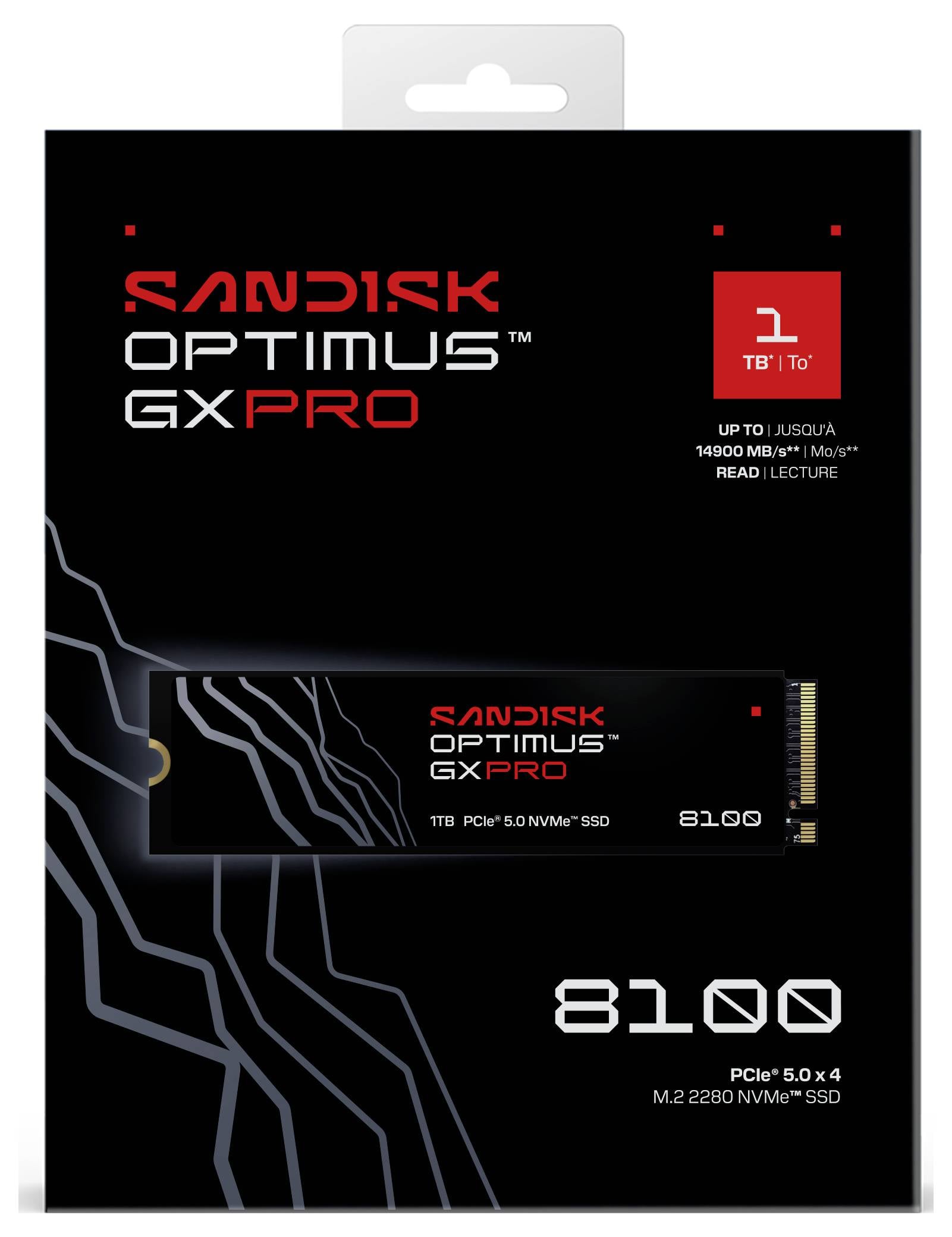 Opakowanie Sandisk Optimus GX Pro, dysk SSD 1TB, PCIe 5.0 x4, M.2 2280 NVMe. Najważniejsze cechy: prędkość odczytu 14 000 MB/s i różne funkcje.