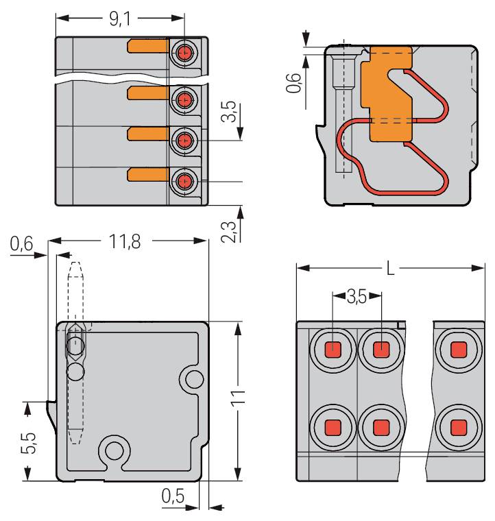 Diagram techniczny przedstawiający wymiary i strukturę wewnętrzną komponentu elektronicznego z pomiarami w milimetrach.