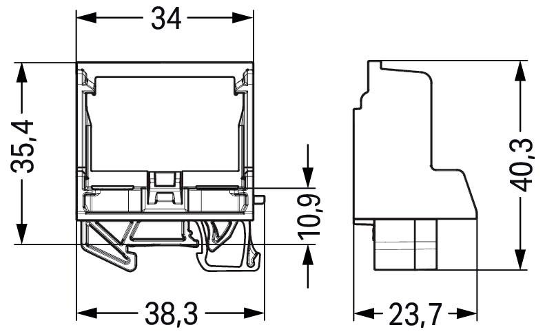 Diagram techniczny przedstawiający wymiary komponentu elektronicznego: szerokość 34mm, wysokość 35,4mm, głębokość 38,3mm, z dodatkowymi pomiarami widoku bocznego.