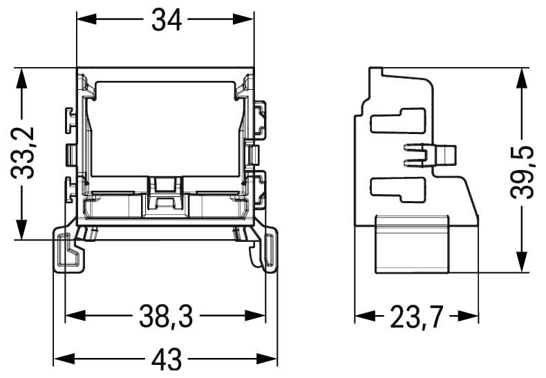 Rysunek techniczny przekaźnika widokami z przodu i z boku, zawierający wymiary: szerokość 34 mm, wysokość 33,2 mm, podstawa 38,3 mm i 43 mm, głębokość 23,7 mm, wysokość 39,5 mm.