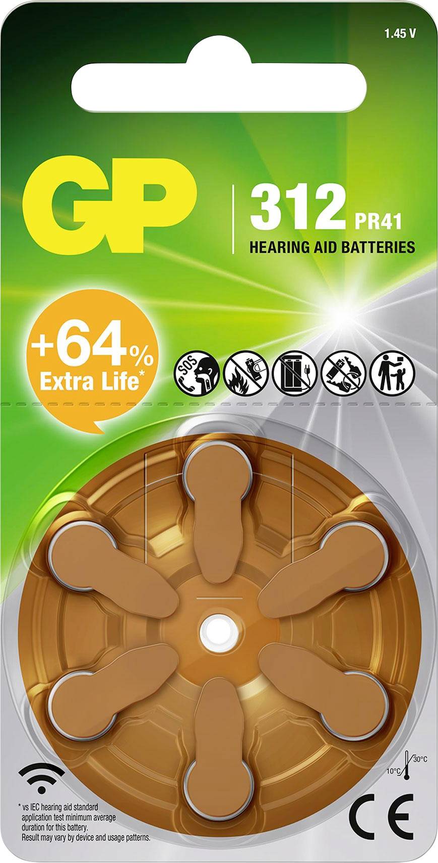 Батарейки для слуховых аппаратов ZA 312 GP GPPBZZ31F017 1,4 В, 6 шт., цинково-воздушные.