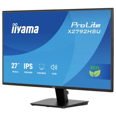 Monitor 'iiyama ProLite X2792HSU' wyświetlający następujące cechy: ekran 27 cali, rozdzielczość 1920x1080, panel IPS, cienkie ramki, ekologiczny design.