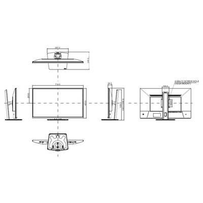 Diagram techniczny przedstawiający pięć widoków monitora z wymiarami. Perspektywy przednia, boczna, tylna, górna i dolna wyświetlają pomiary w milimetrach.