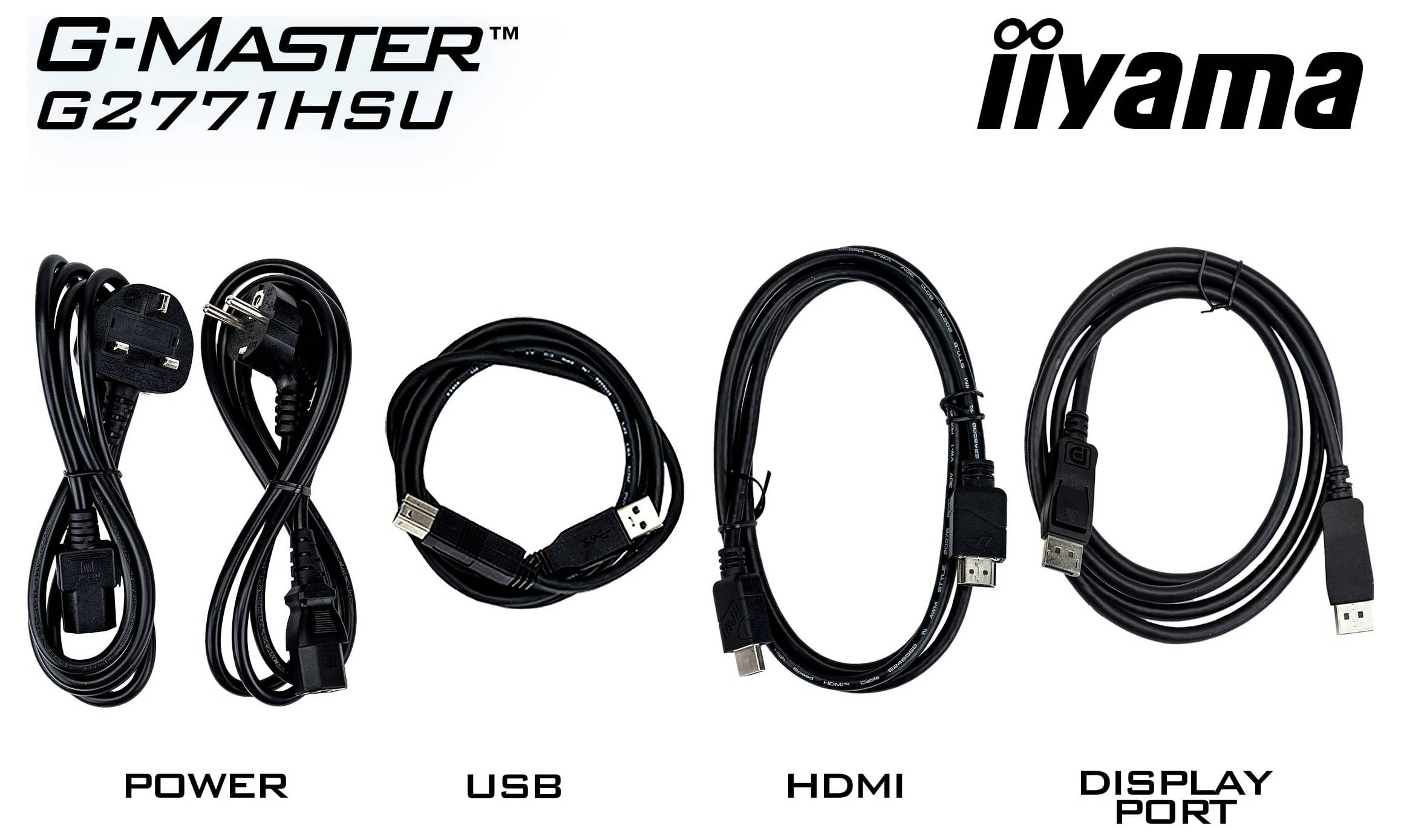 Etykieta „G-Master G2771HSU - iiyama" z czterema kablami: zasilającym, USB, HDMI i Display Port. Każdy kabel jest zwinięty i oznaczony etykietą poniżej.