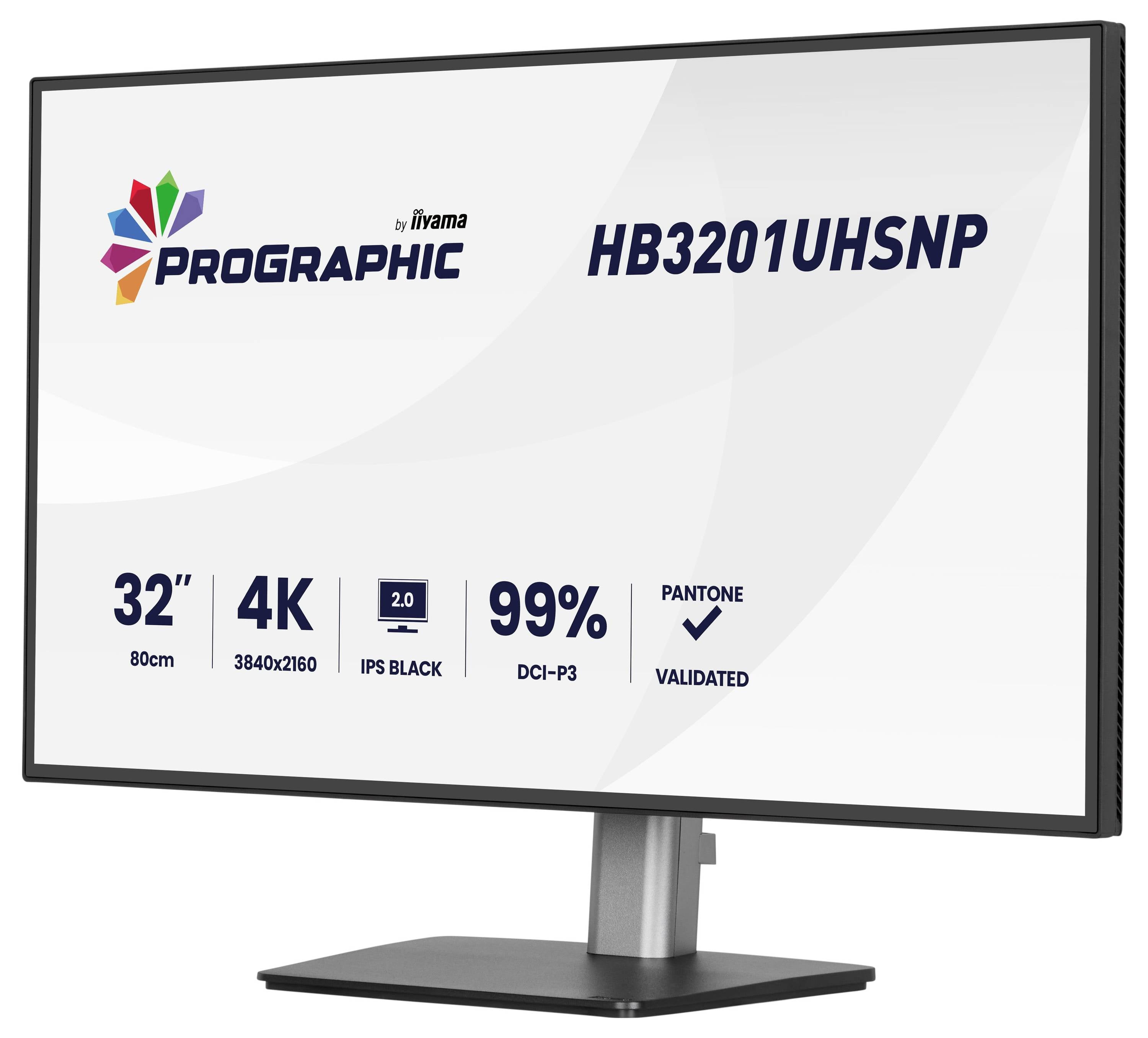 Monitor 32-calowy wyświetlający specyfikacje: rozdzielczość 4K (3840x2160), dokładność kolorów 99% DCI-P3, technologia czerni IPS, walidacja Pantone.