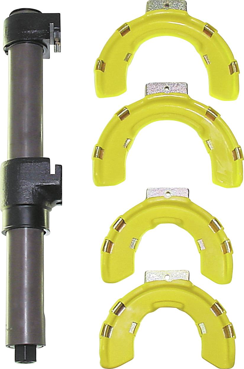 Narzędzie do fazowania rur z czterema żółtymi wkładkami zaciskowymi, zaprojektowane do bezpiecznego zamocowania podczas procesów cięcia lub fazowania rur.