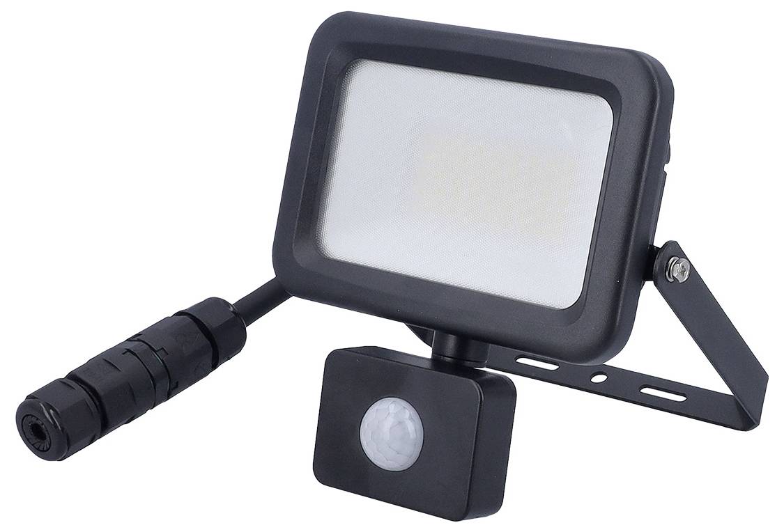 Reflektor LED z czujnikiem ruchu, zamontowany na regulowanym uchwycie.