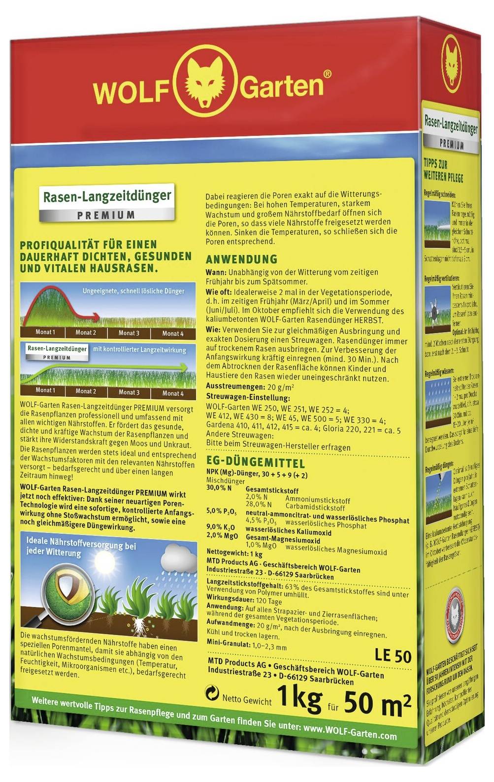 WOLF-Garten 3830010-MT WOLF-Garten - Преміальне добриво для газону з тривалим ефектом, 120 днів LE 50 1 шт.