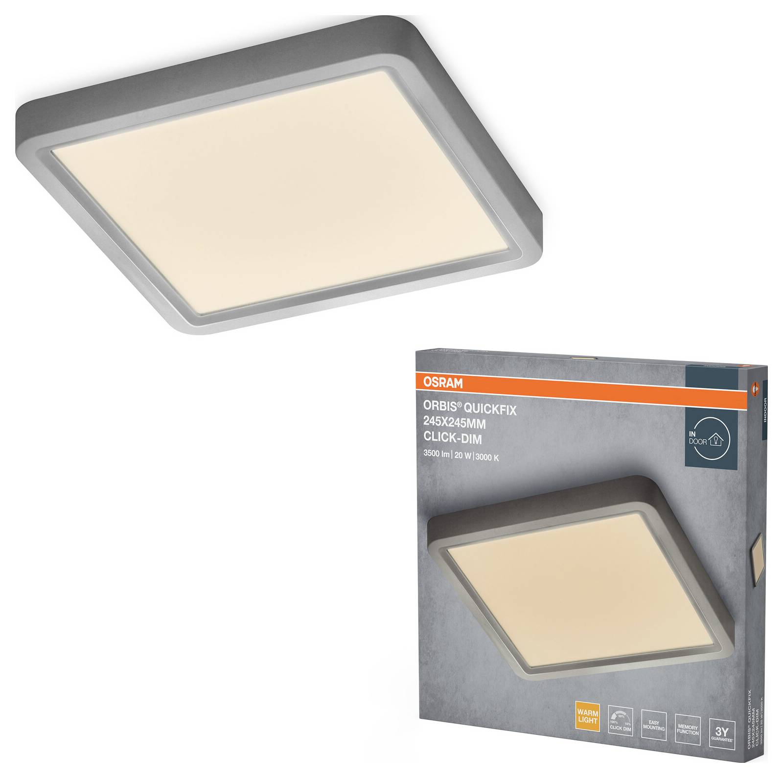'Kwadratowa lampa sufitowa OSRAM Orbis Quickfix Click-Dimm' z opakowaniem wyświetlanym obok niej, podkreślającym jej ciepłe, rozprzestrzeniające się światło.
