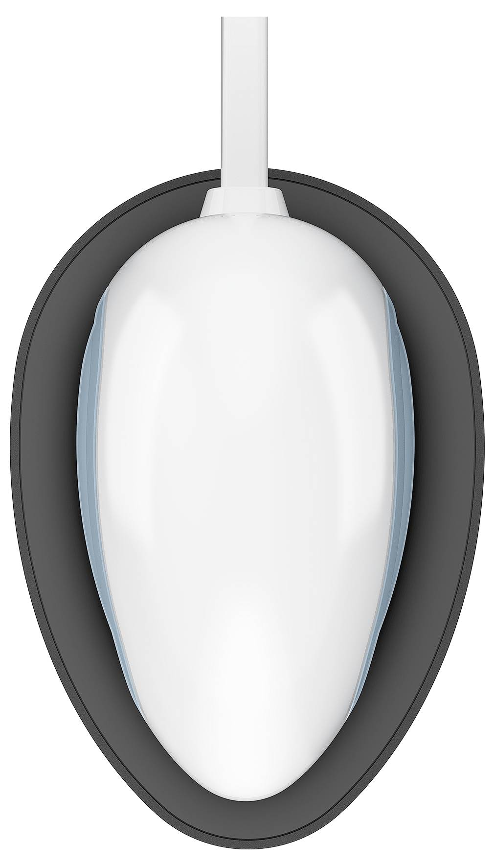 Biała mysz komputerowa z niebieskimi akcentami jest umieszczona pionowo na czarnym owalnym podkładzie. Kabel myszy rozciąga się w górę.