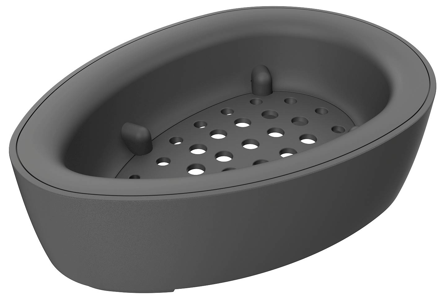 Szara, owalna mydelniczka z otworami odwodniającymi, zaprojektowana do utrzymywania mydła w suchym stanie poprzez umożliwienie wody wyciekania.