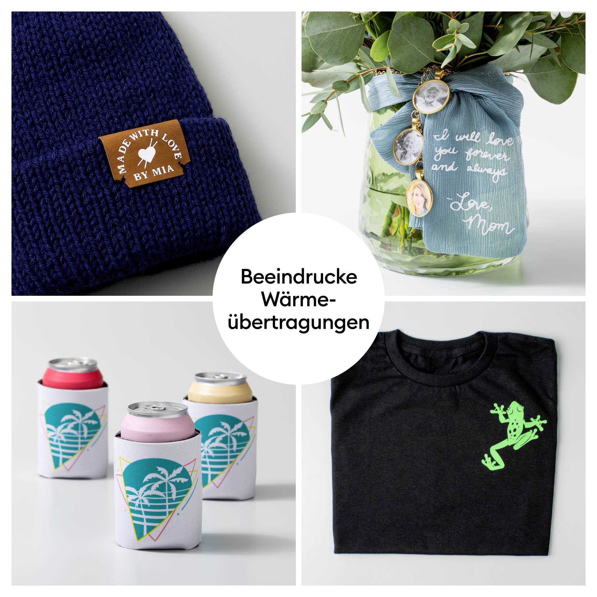 Kolaż z czterech zdjęć: czapka z naszywką, roślina z biżuterią i odręcznie napisanym tekstem, puszki z tropikalnym designem, koszulka z motywem żaby. Tekst: 'Imponujące transfery ciepła'.