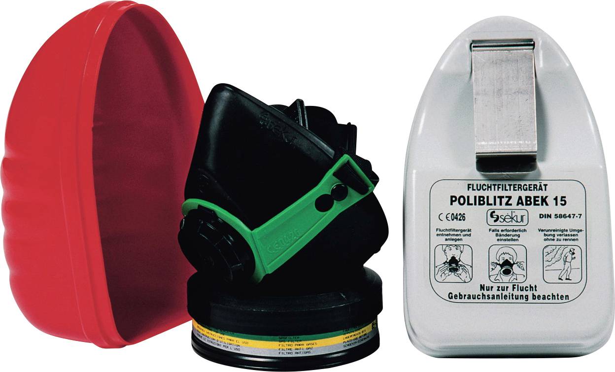 Urządzenie filtrujące do ucieczki "POLIBLITZ ABEK 15" z czarno-zieloną maską, czerwonym pudełkiem i białą jednostką filtracyjną. Postępuj zgodnie z instrukcją użytkowania.