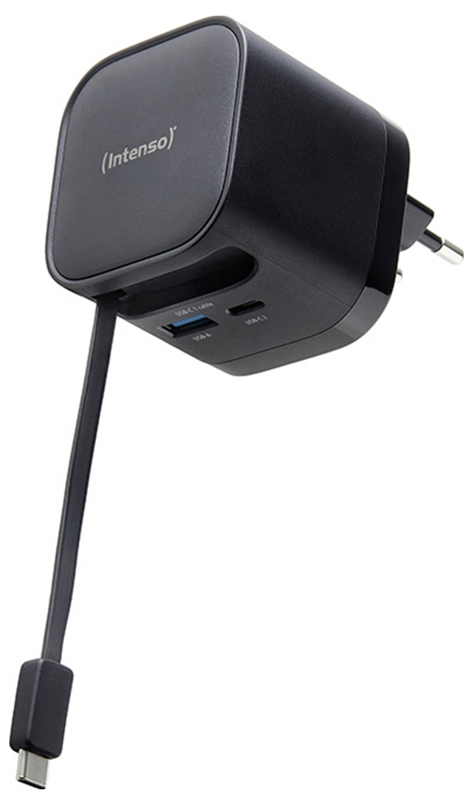 Czarna ładowarka ścienna z portem USB, portem micro-USB i dołączonym kablem z złączem USB-C. Opisana etykietą "Intenso".