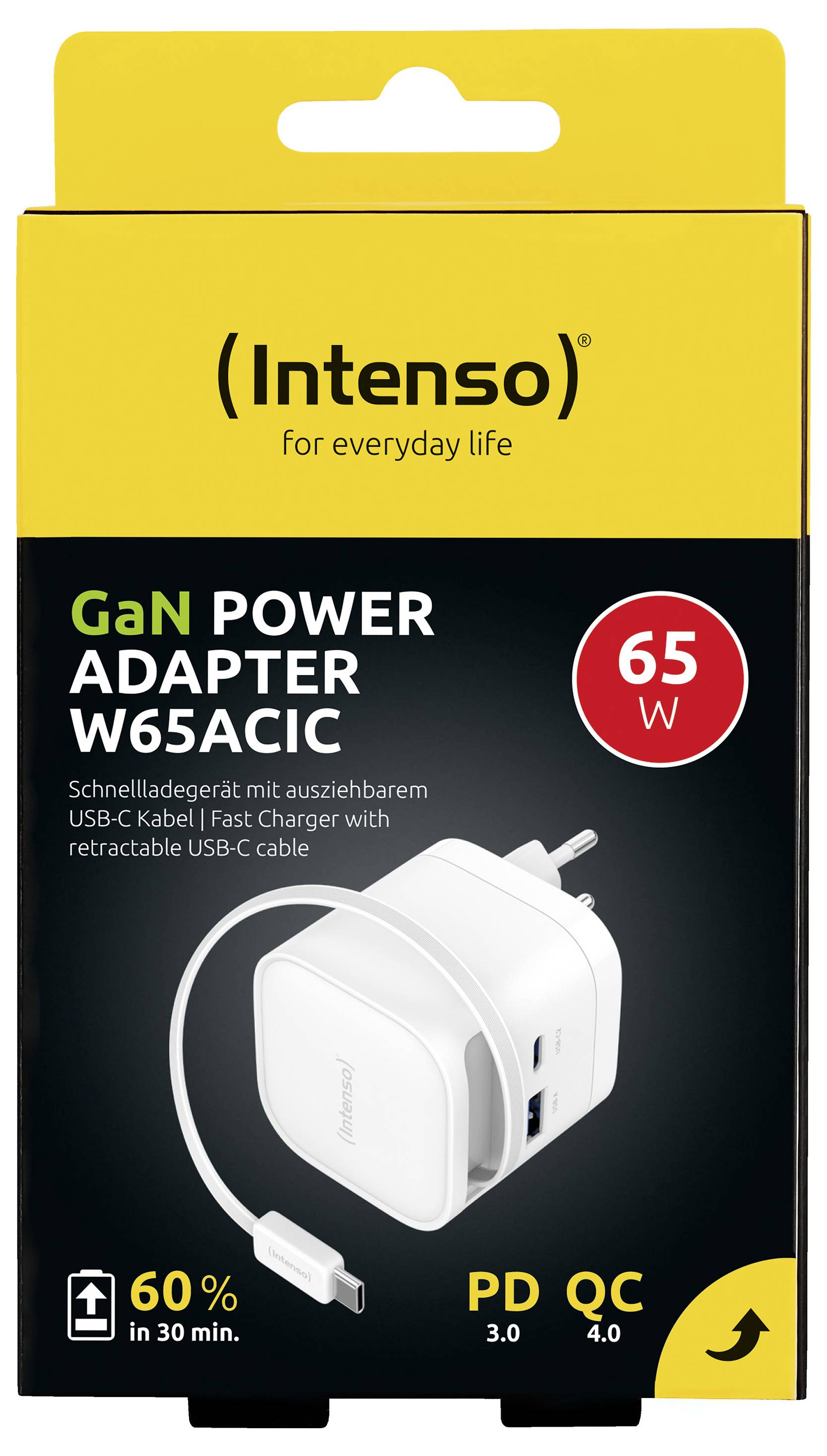 Adapter sieciowy Intenso GaN Power Adapter W65ACIC, 65W z wbudowanym, chowanym kablem USB-C do szybkiego ładowania. Charakteryzuje się kompaktową wielkością zmniejszoną o 60% ze wsparciem PD 3.0 i QC 4.0.