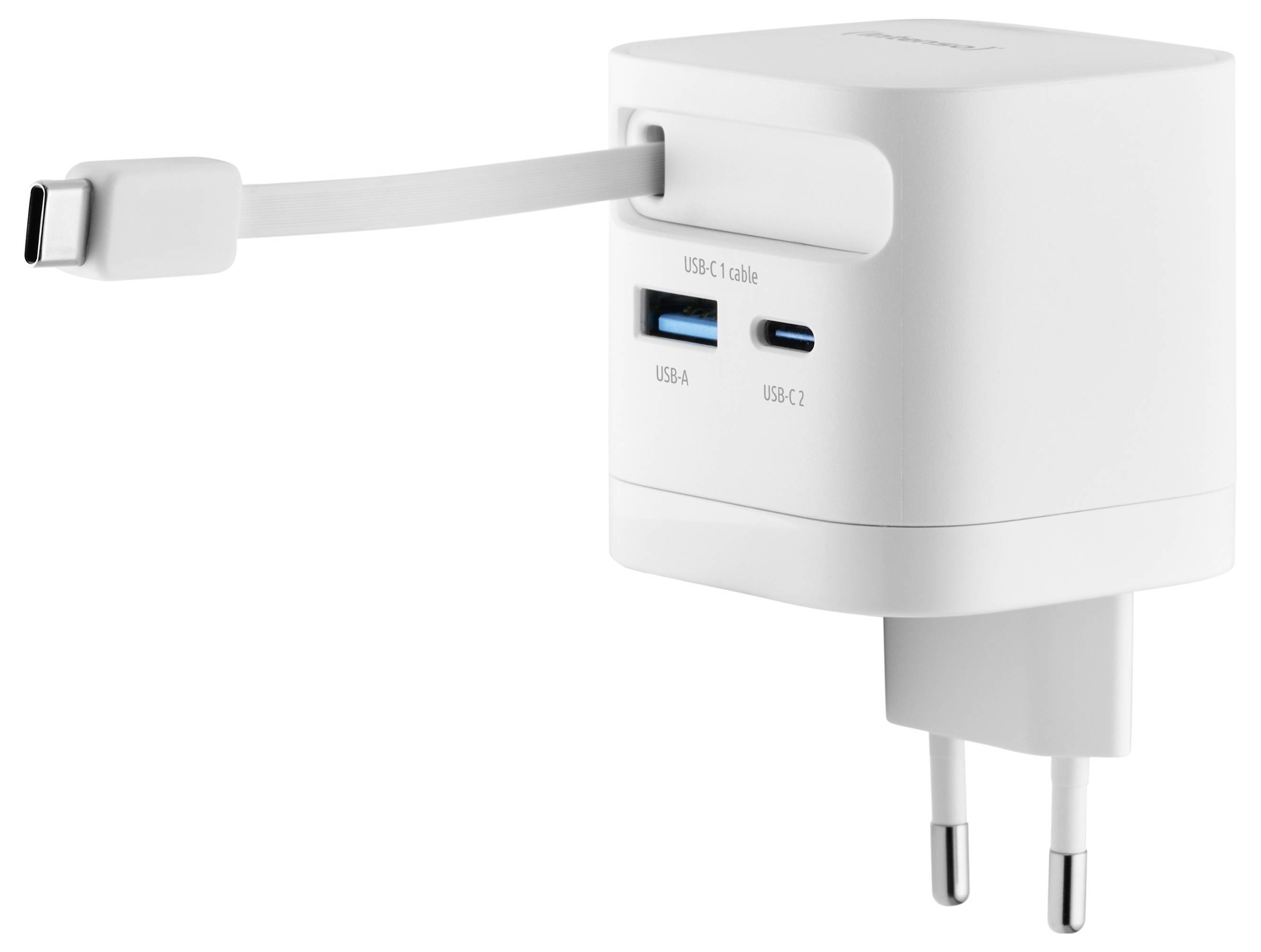 Biała ładowarka sieciowa z portami USB-A i USB-C oraz dołączonym kablem USB-C.