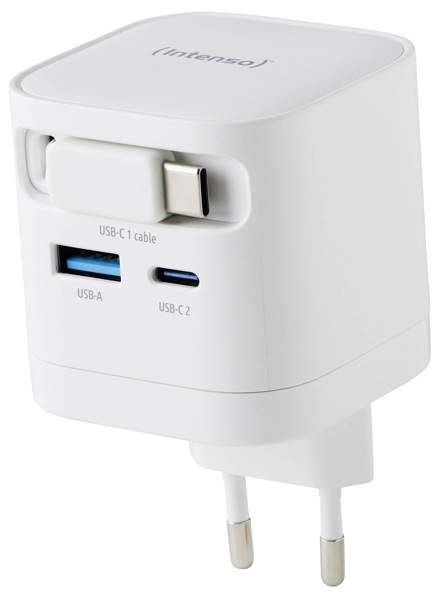 Biała ładowarka ścienna z dwoma portami USB i odłączanym kablem USB-C, odpowiednia do ładowania urządzeń elektronicznych.