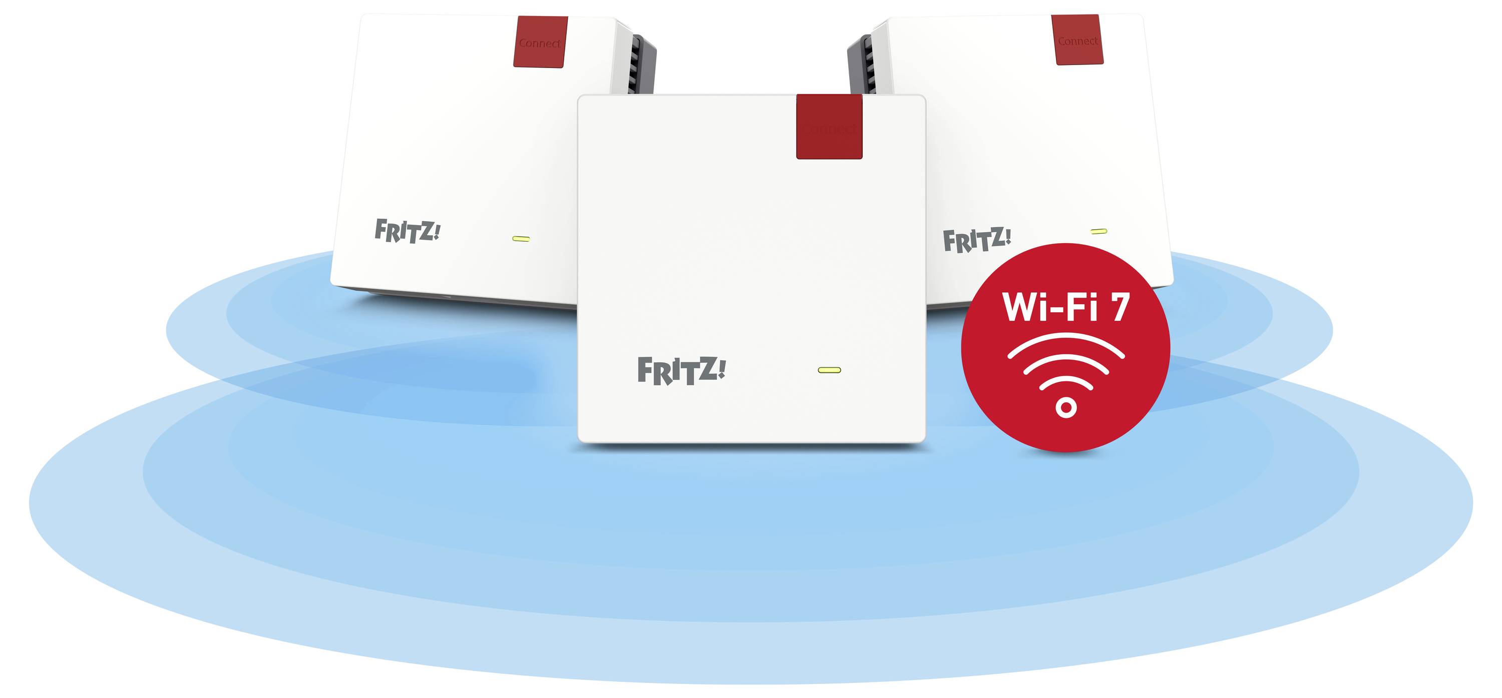 Trzy routery Wi-Fi 7 oznaczone etykietą „FRITZ!" umieszczono na stylizowanym niebieskim kręgu sygnału bezprzewodowego, podkreślając zasięg sieci.