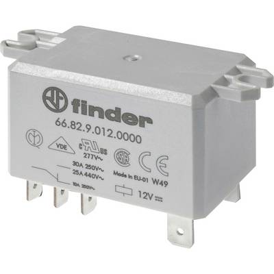 Szary przekaźnik elektryczny z marką „Finder", numer modelu „66.82.9.012.0000", wykazujący specyfikacje takie jak „30A 250V~" i „12V~".