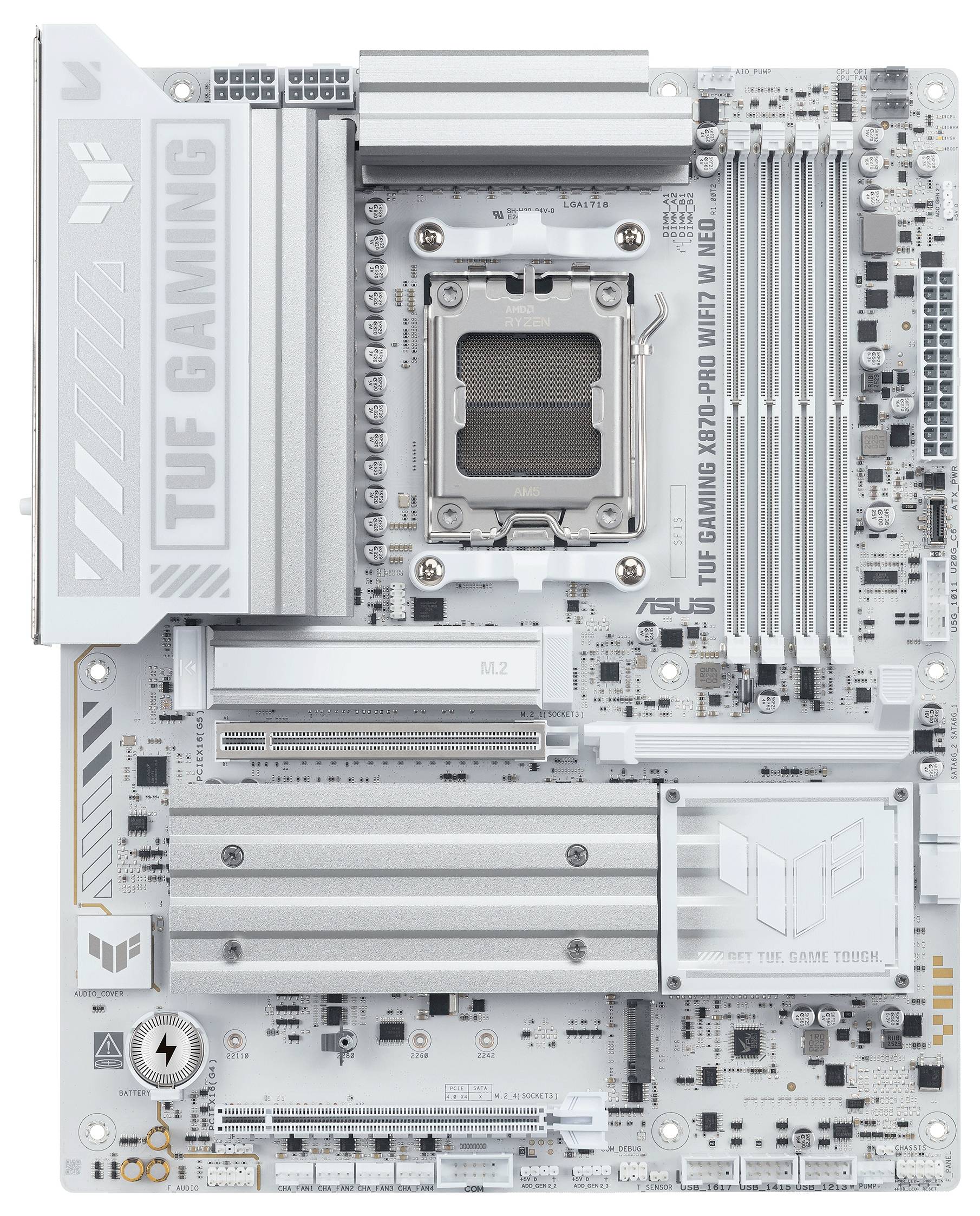Widok z góry na srebrną płytę główną ASUS TUF Gaming X670E-Pro WiFi, wyposażoną w wiele slotów RAM, radiatory ciepła i gniazdo M.2.