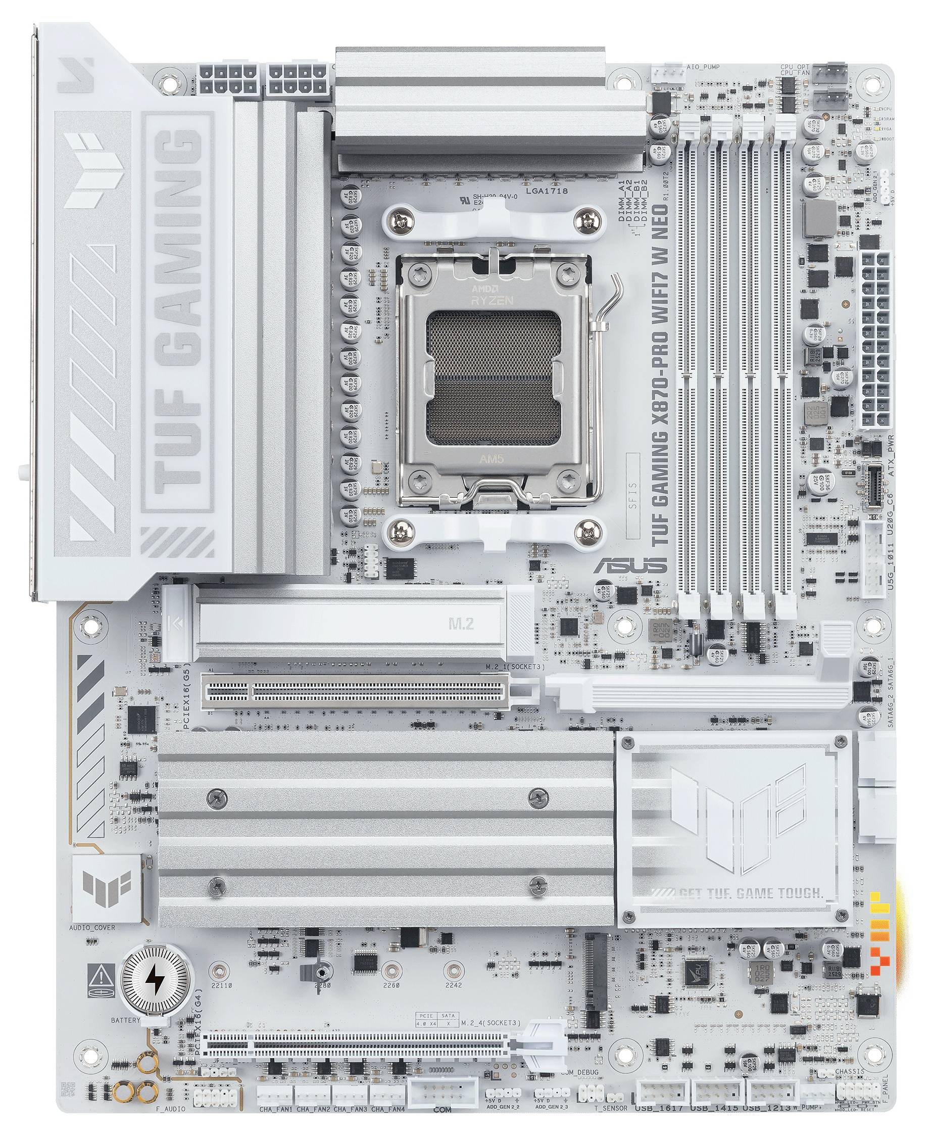Płyta główna oznaczona jako „TUF Gaming X670-Pro WiFi" firmy ASUS z wieloma gniazdami i portami do pamięci RAM, procesora i innych komponentów.
