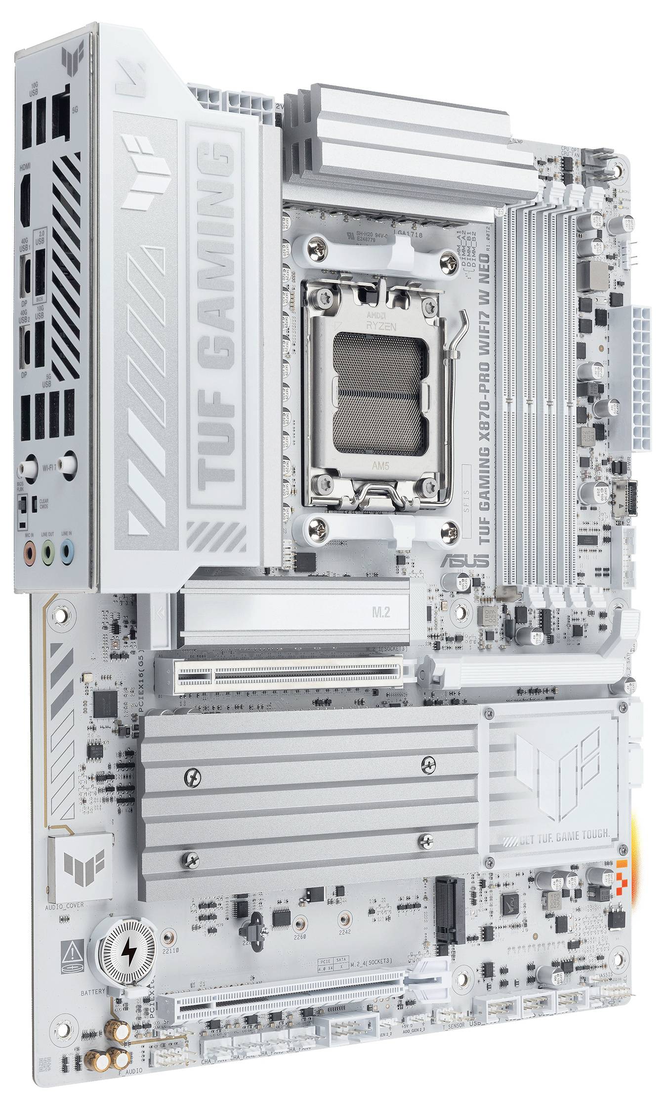 Szara płyta główna ASUS TUF GAMING X670E-PRO WIFI z wieloma gniazdami i portami, zaprojektowana dla zaawansowanych konfiguracji obliczeniowych i do gier.