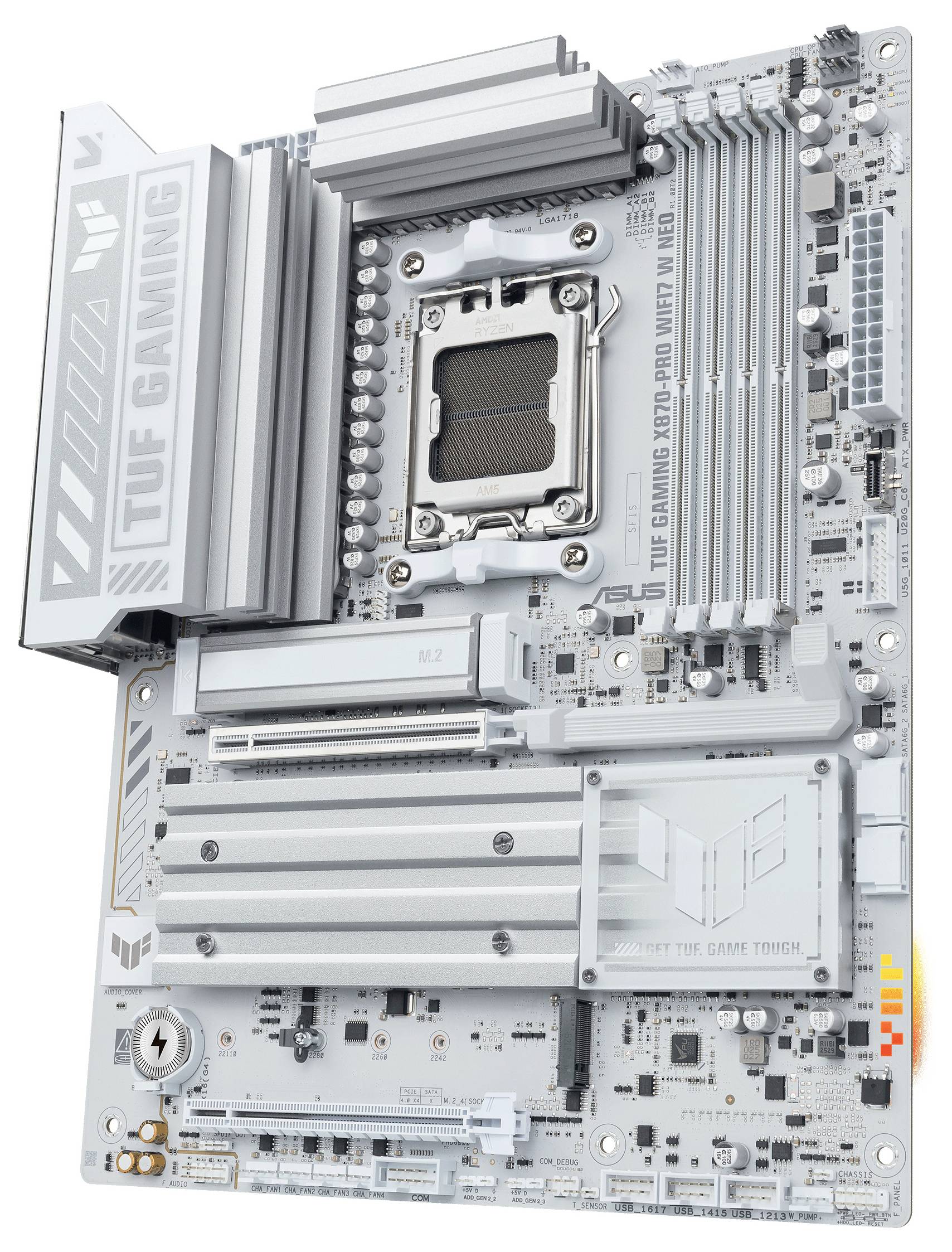 Płyta główna ASUS TUF Gaming X670-P WIFI z wieloma gniazdami RAM, gniazdami PCIe, radiatorami i złączami do różnych komponentów.