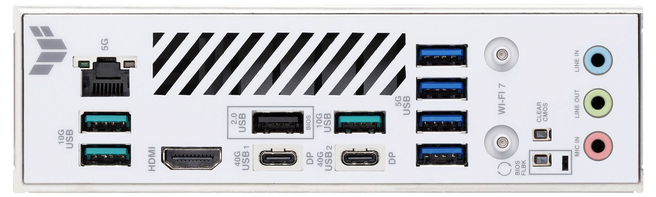 Tylny panel płyty głównej komputera wyposażony w porty Ethernet, HDMI, USB i audio, z połączeniem anteny Wi-Fi, zaprojektowany do zapewnienia łączności.