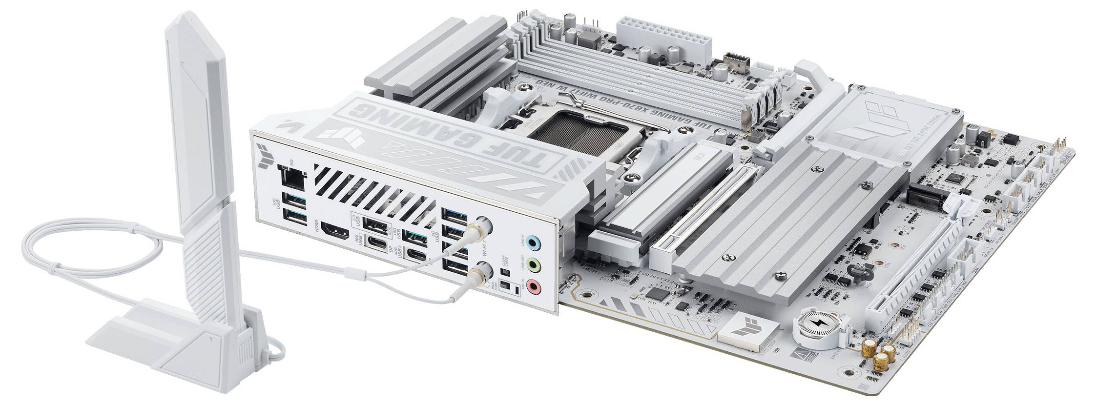 Biała płyta główna do gier z pionową anteną, wyposażona w wiele portów HDMI, USB i połączeń audio.