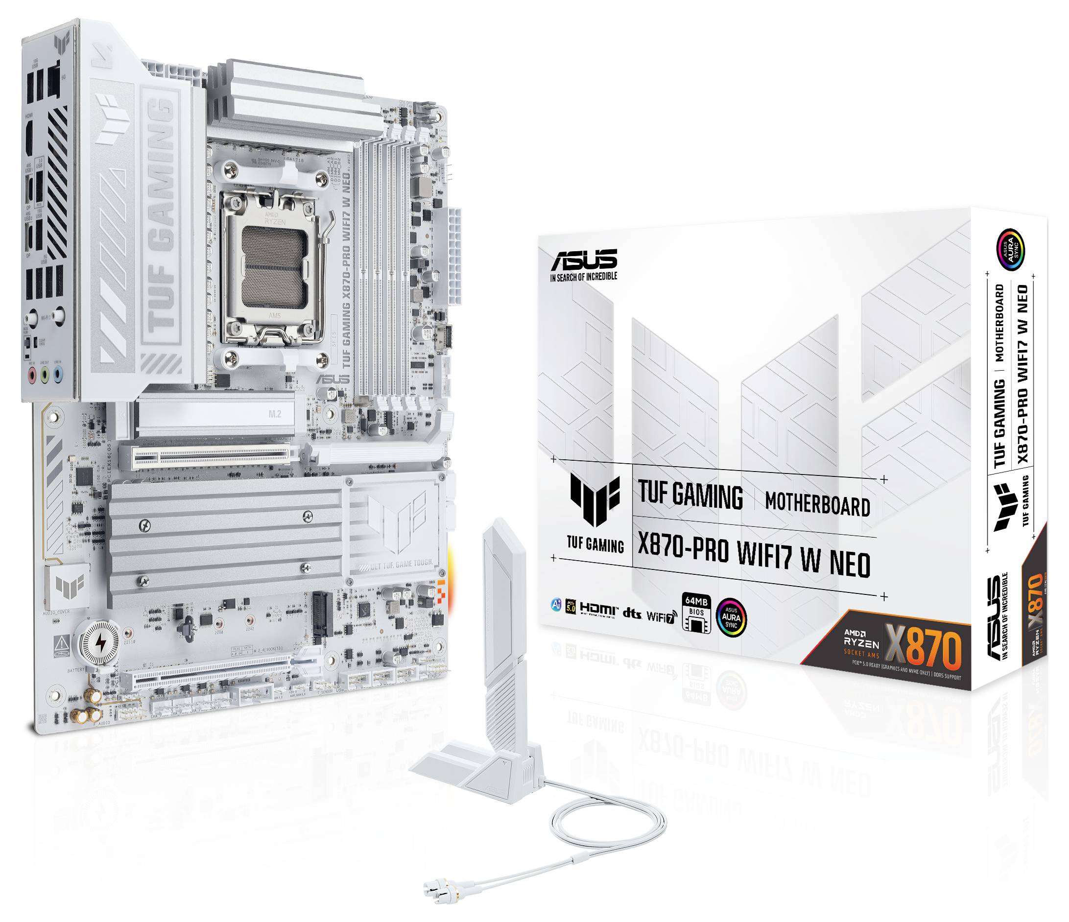 Płyta główna ASUS TUF Gaming X670-Pro WiFi7 z projektem Neo, pokazana z opakowaniem, anteną WiFi i dołączonym kablem połączeniowym.