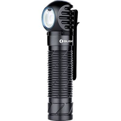 Czarna, przenośna latarka z niebieskim pierścieniem wokół soczewki, teksturowanym uchwytem i przyłączonym klipem do kieszeni, oznakowana marką 'Olight'.