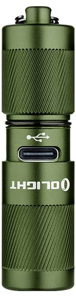 Kompaktna zielona latarka z nierówną rączką i portem ładowania USB oznaczonym „OLIGHT".