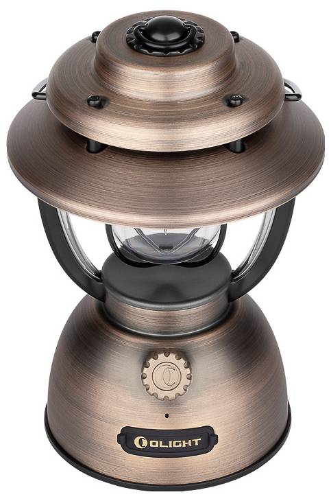 Brązowa, nowoczesna latarnia w stylu vintage z centralną przezroczystą kulą. Marka 'Olight' jest wyświetlana na podstawie.