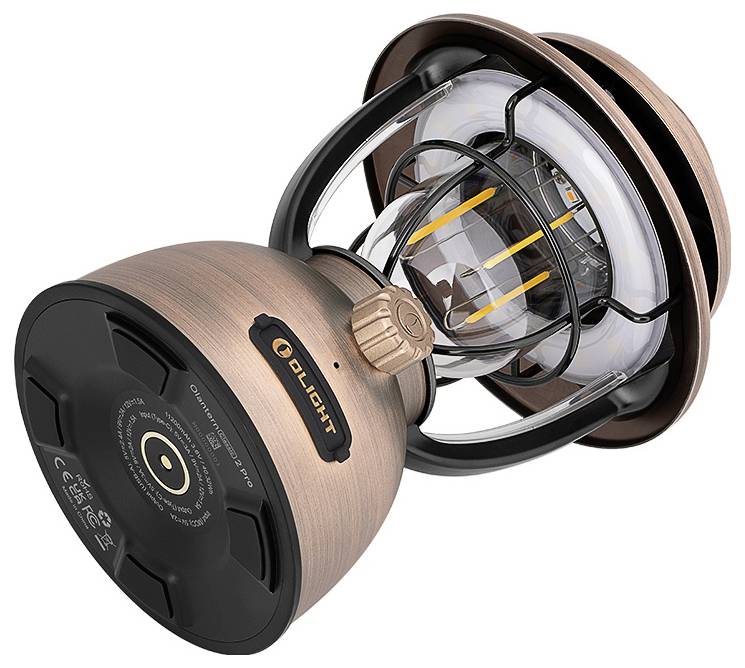 Latarnia w stylu vintage z miedzianym wykończeniem, wyposażona w żarówki LED z włóknem oraz czarnym uchwytem ułatwiającym noszenie lub zawieszenie.