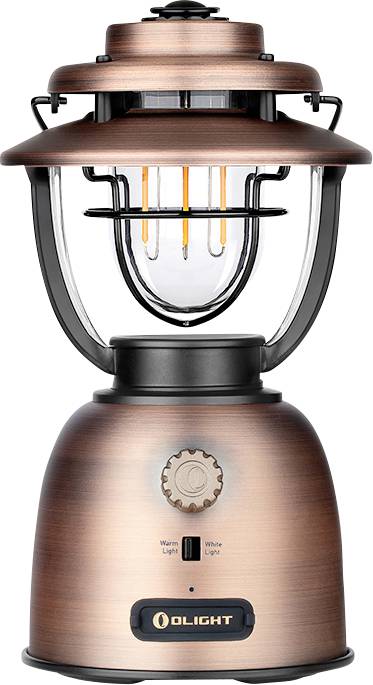 Zabytkowa lampa miedziana w stylu vintage z przezroczystą obudową ze szkła i żarówkami LED z włóknami, wyposażona w pokrętło do regulacji światła i logo na podstawie.