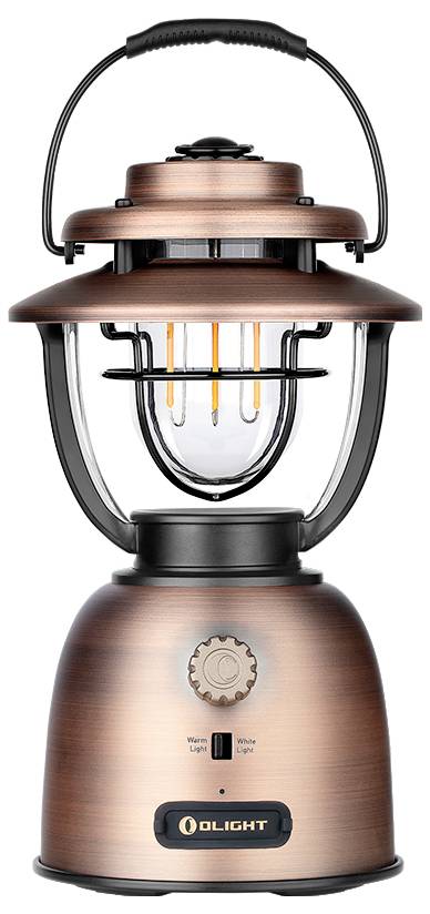 Metalowa latarnia w stylu vintage z miedzianym wykończeniem i przezroczystym obudowaniem ze szkła, wyposażona w żarniki włóknowe. Latarnia posiada uchwyt do noszenia oraz pokrętło umożliwiające regulację jasności oświetlenia.