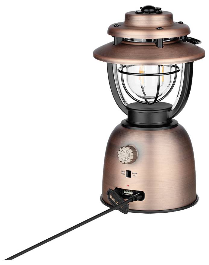 Elektryczna latarnia z wykończeniem w miedzi z portem USB i przewodem zasilającym, wyposażona w jasną żarówkę LED i pokrętło regulacji jasności.