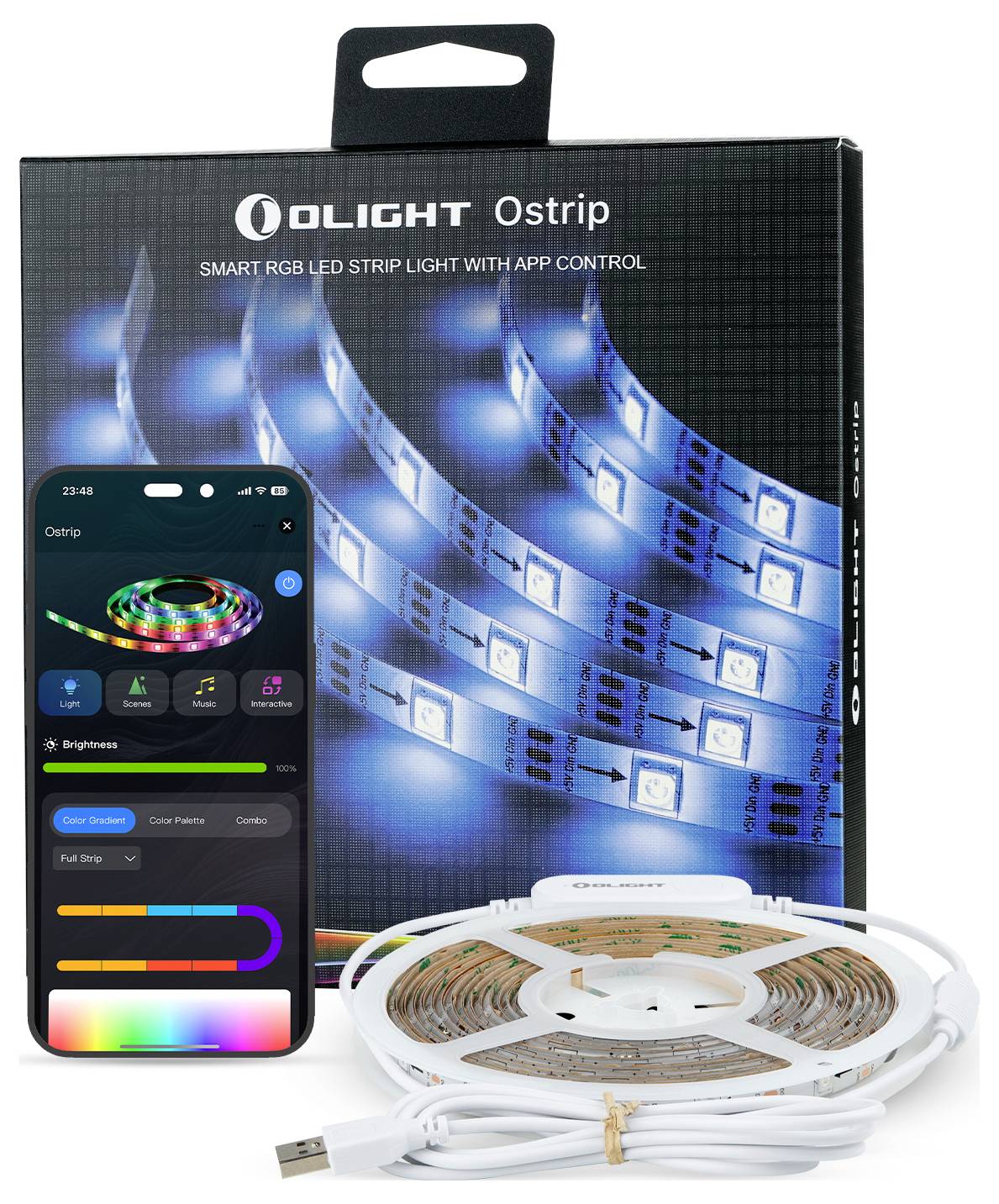 Pakiet ściemniającego paska oświetleniowego LED RGB „OLIGHT Ostrip" ze smartfonem wyświetlającym funkcje i ustawienia sterowania aplikacji.