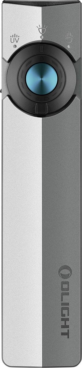 Przenośne urządzenie w kolorze srebrnym i czarnym z centralnym niebieskim przyciskiem, wyposażone w ikony zasilania, jasności i łączności, marki OLIGHT.