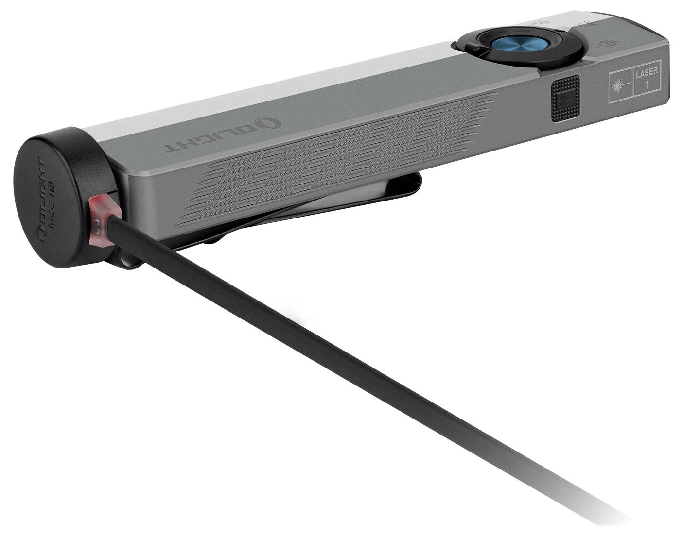Wskaźnik laserowy marki 'AOLIGHT' o eleganckim, szarym designie. Laser emituje czerwoną wiązkę i wyposażony jest w duży niebieski przycisk aktywacyjny.