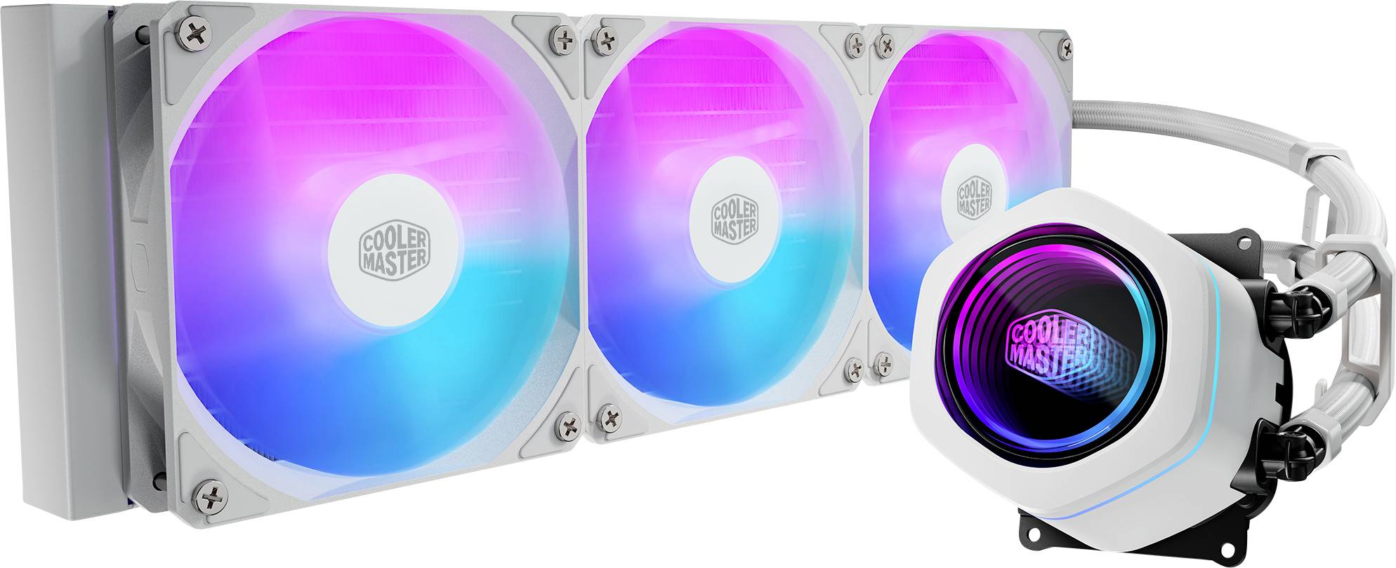 Chłodzenie procesora Cooler Master w technologii wodnej z trzema wentylatorami RGB na radatorze i cylindrycznym blokiem pompy z przewodami