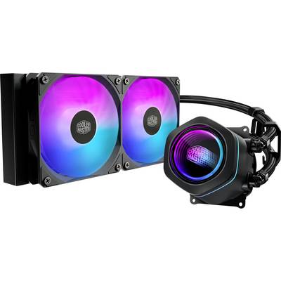 Chłodnica procesora Cooler Master z cieczą, dwoma wentylatorami RGB i podświetlanym blokiem pompy na białym tle.