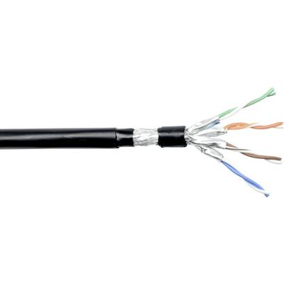 Zbliżenie ekranowanego kabla Ethernet z odsłoniętymi skręconymi parami przewodów w kolorach: pomarańczowy, niebieski, zielony i brązowy, pokazujące osłonę foliową.