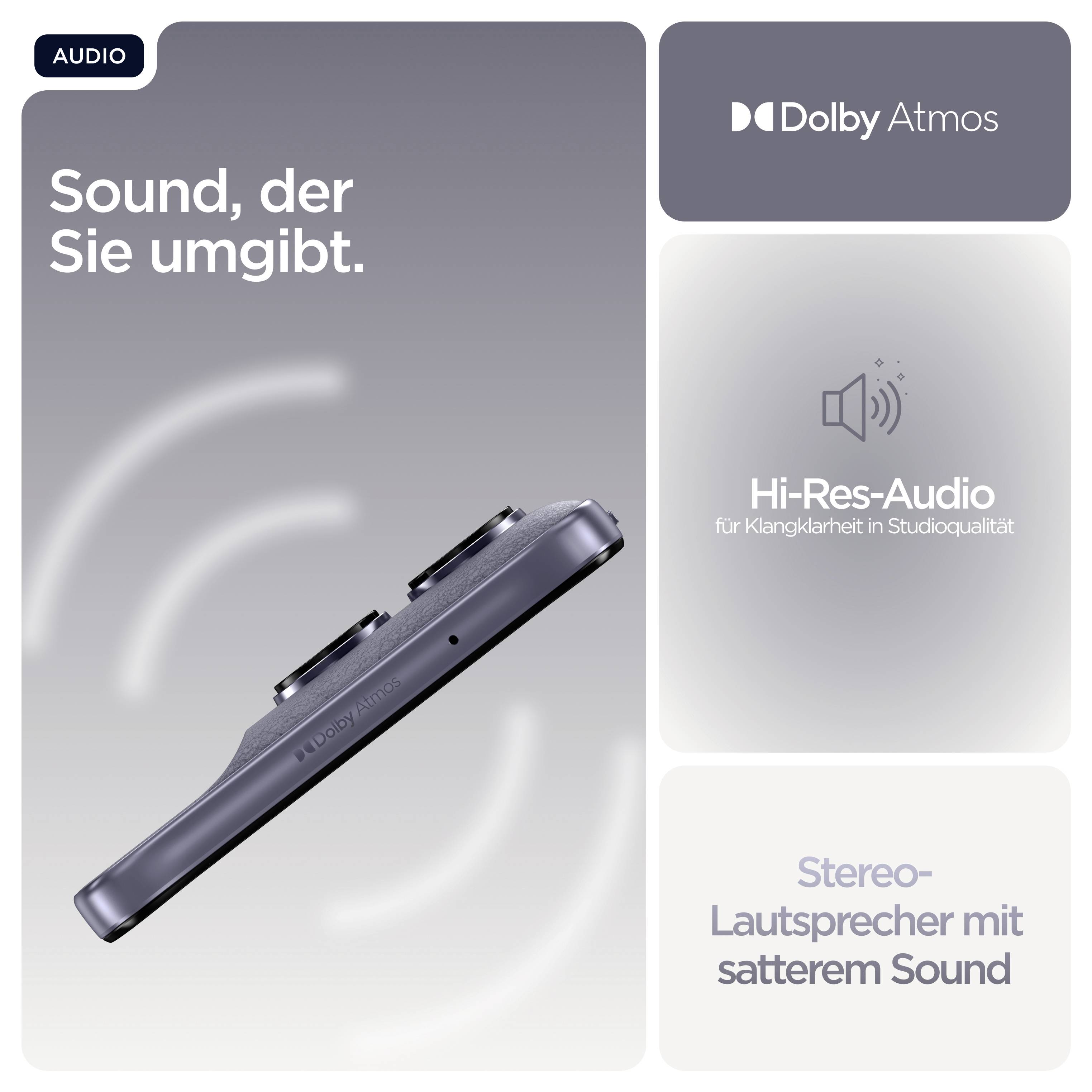 "Dźwięk, który Cię otacza." pokazuje urządzenie z Dolby Atmos i Hi-Res Audio, promowane ze względu na czystą jakość dźwięku i potężne głośniki stereo.