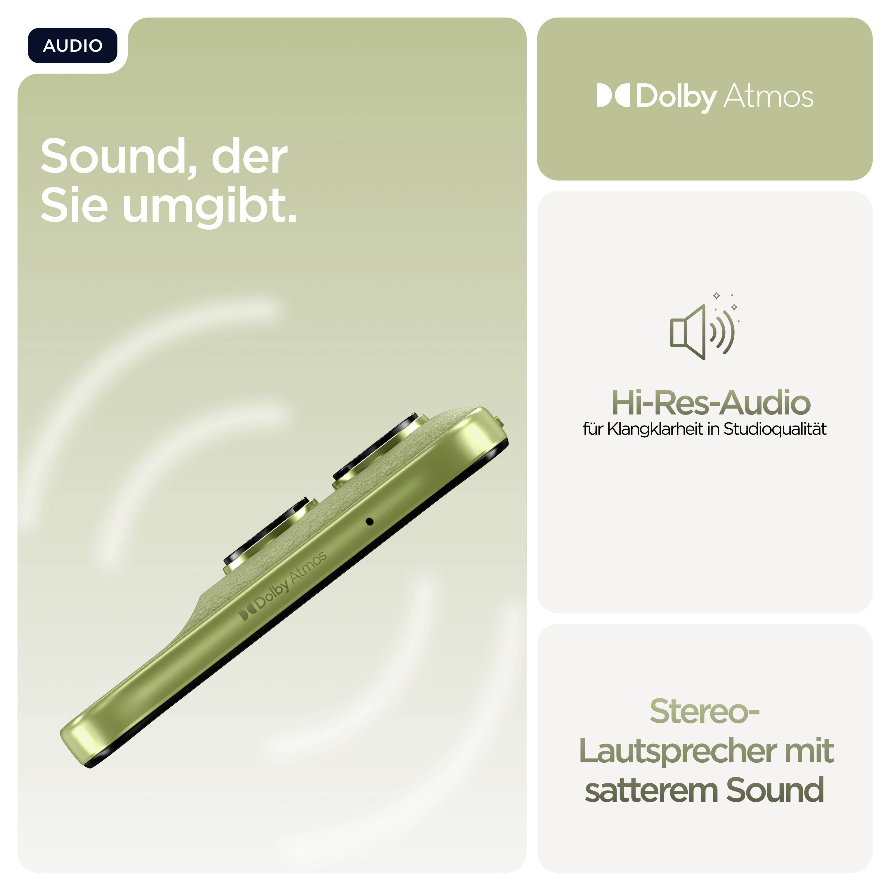Zielone smartfon z Dolby Atmos. Tekst: 'Dźwięk, który Cię otacza', 'Audio Hi-Res', 'Głośniki stereo z bogatym dźwiękiem'.